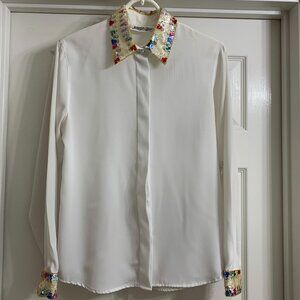 Yves St. Clair Vintage Women's White Blouse with Sequin Collar, Size 8